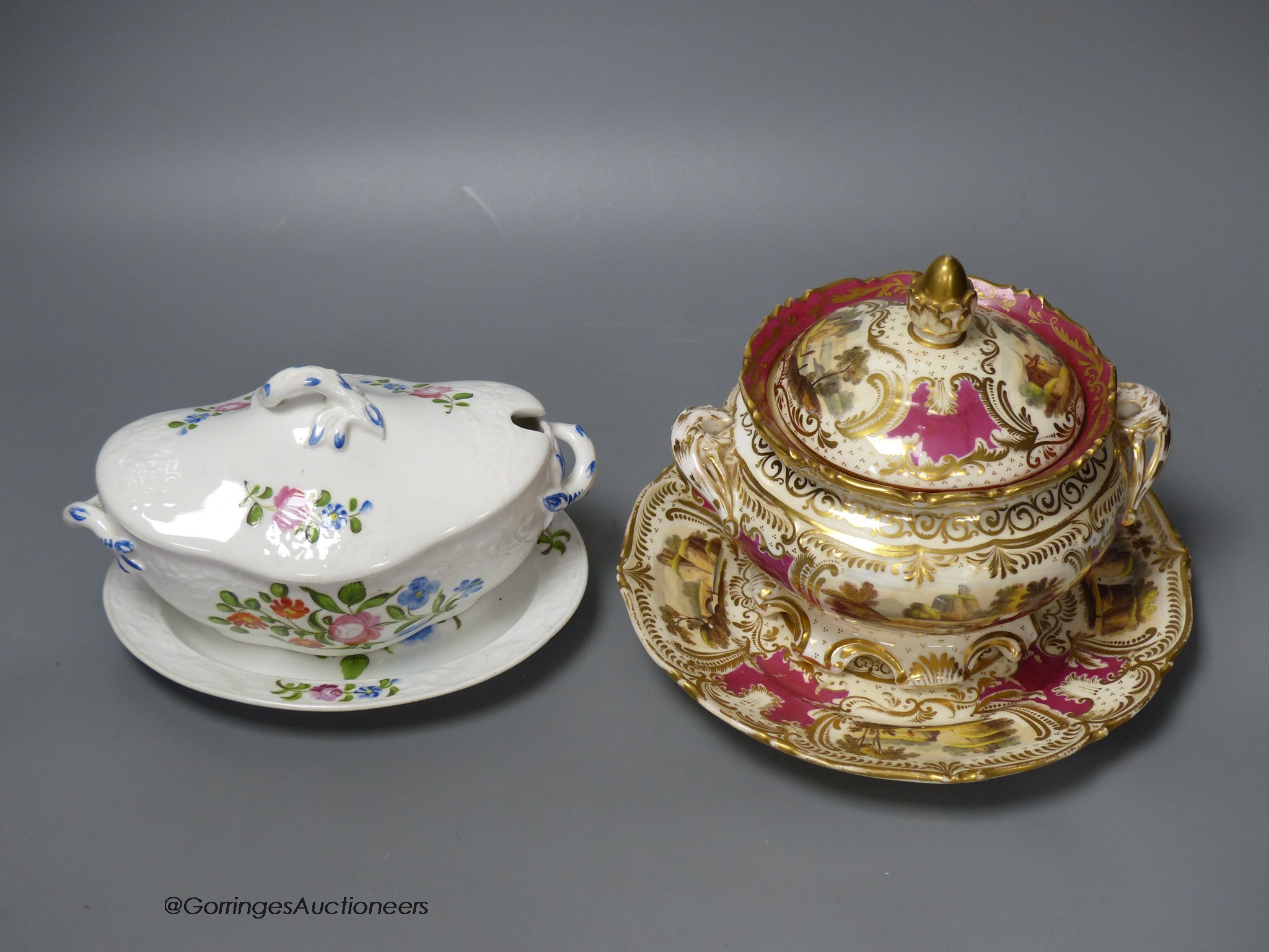 A Spode moulded sauce tureen, cover and stand painted with flowers and a Graingers Worcester sucrier, cover and stand painted with landscapes on a crimson ground